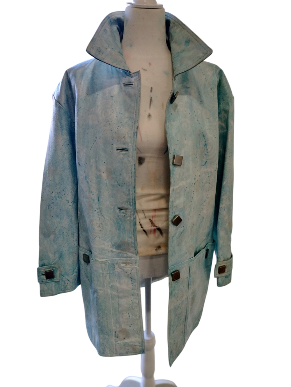 Vintage 80s BRAEFAIR Leather trench coat, Artsy Icy Blue wearable art, S 8 - Picture 3 of 14